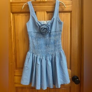 Maeve Blue Gingham Mini Dress with Floral Detail